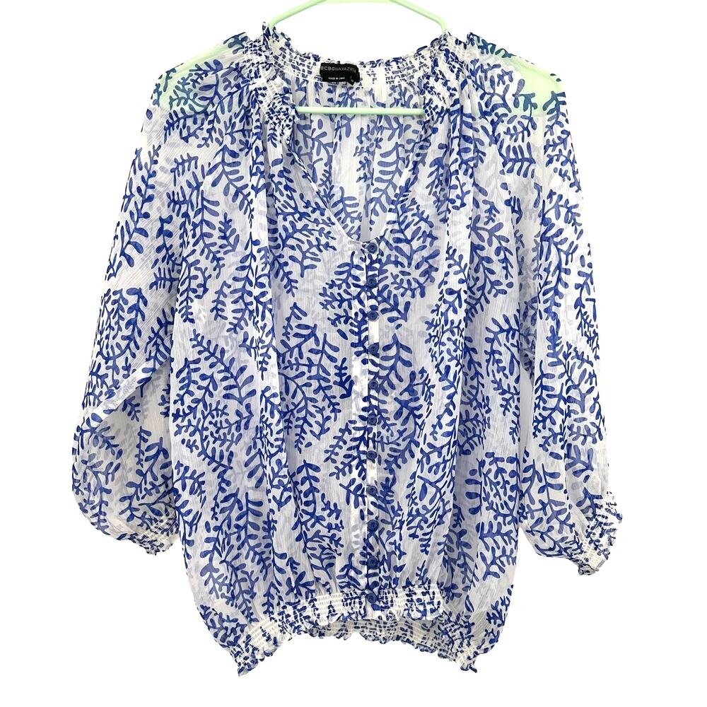 BCBG Maxazria Size Medium Blouse Blue White Ruched Long Sleeve Semi Sheer